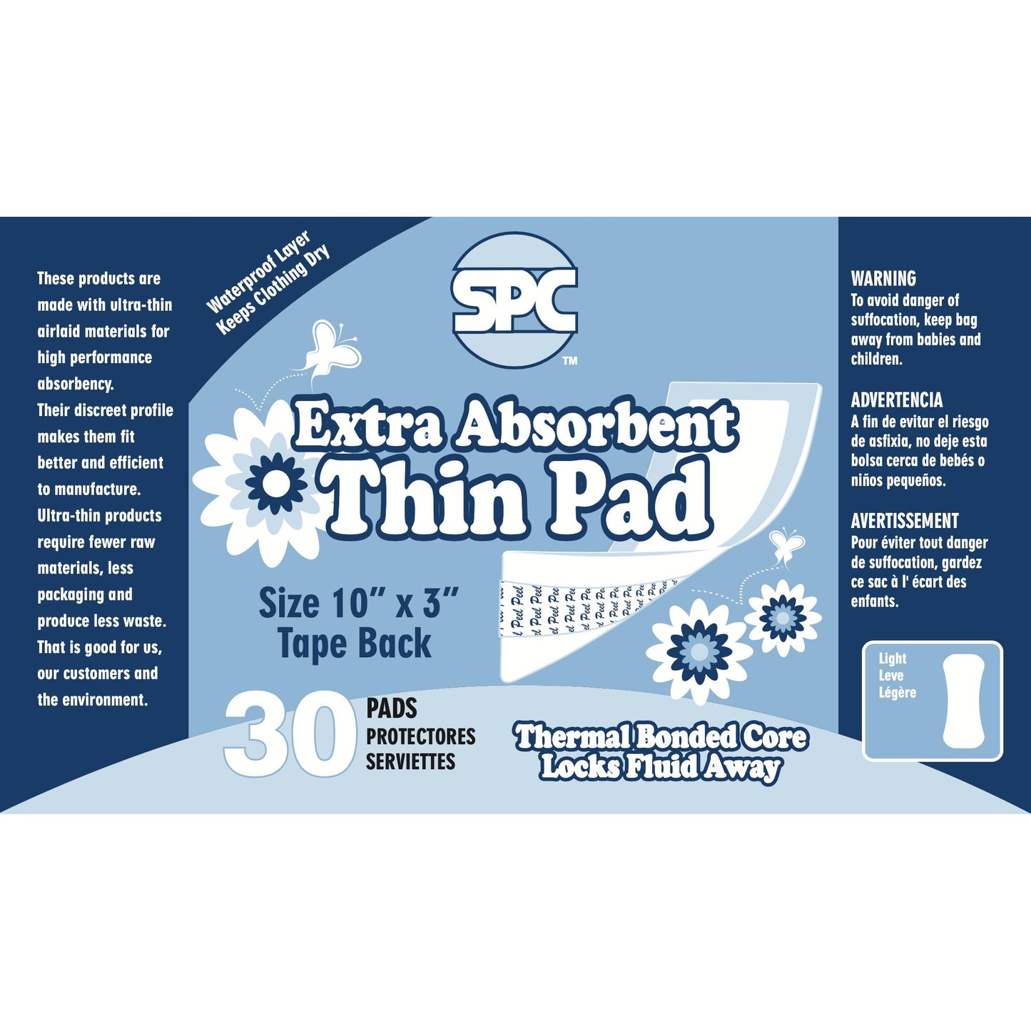 SPC Extra Absorbent Thin Incontinence Pads in Bulk, 6 Packs of 30 (180 Pads)